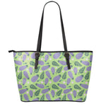 Eggplant With Leaves And Flowers Print Leather Tote Bag