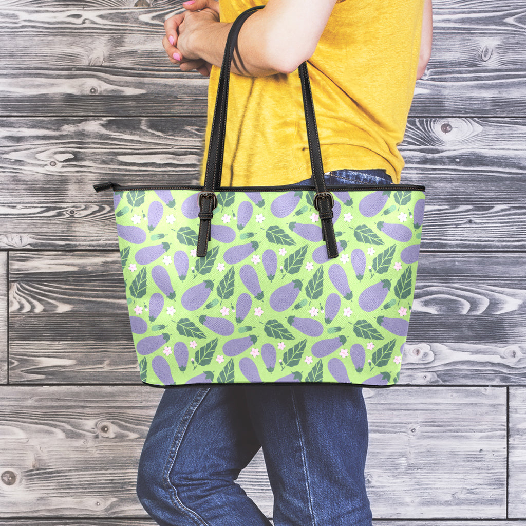 Eggplant With Leaves And Flowers Print Leather Tote Bag