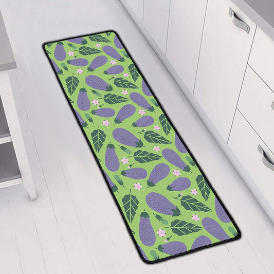Eggplant With Leaves And Flowers Print Long Kitchen Mat