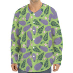 Eggplant With Leaves And Flowers Print Long Sleeve Baseball Jersey