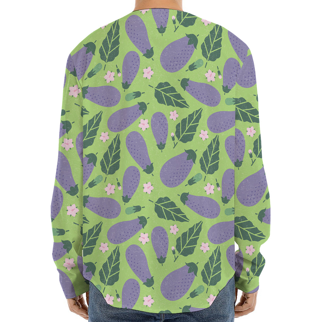 Eggplant With Leaves And Flowers Print Long Sleeve Baseball Jersey