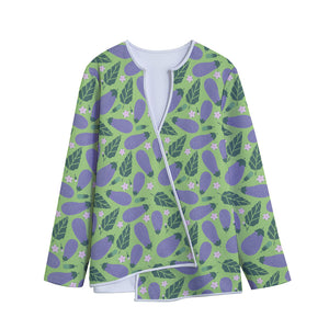 Eggplant With Leaves And Flowers Print Long Sleeve Short Coat