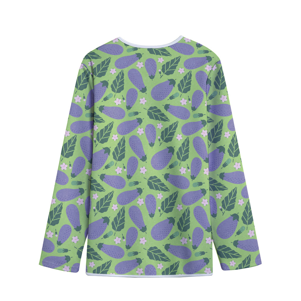 Eggplant With Leaves And Flowers Print Long Sleeve Short Coat