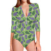 Eggplant With Leaves And Flowers Print Long Sleeve Swimsuit