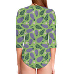 Eggplant With Leaves And Flowers Print Long Sleeve Swimsuit