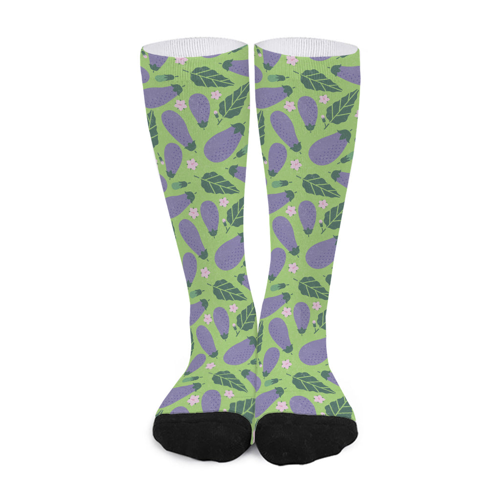 Eggplant With Leaves And Flowers Print Long Socks