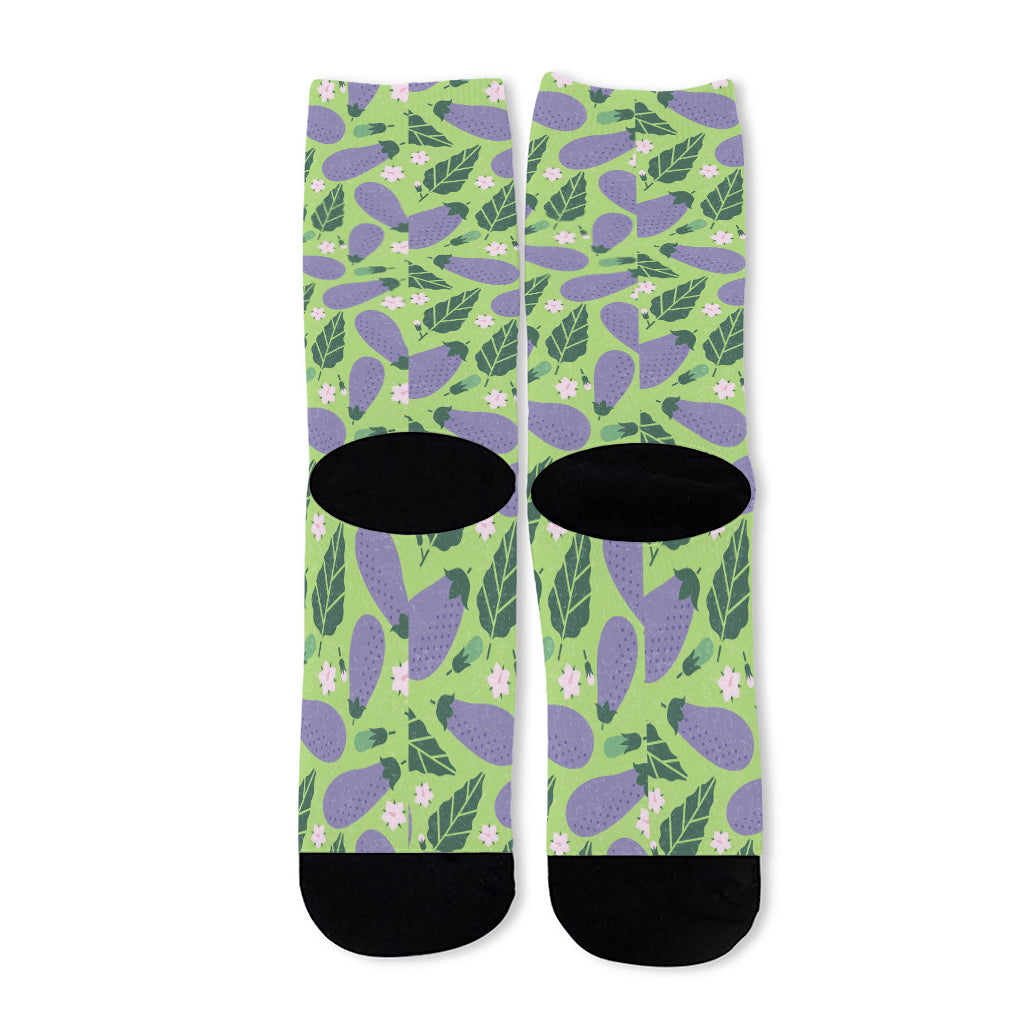 Eggplant With Leaves And Flowers Print Long Socks