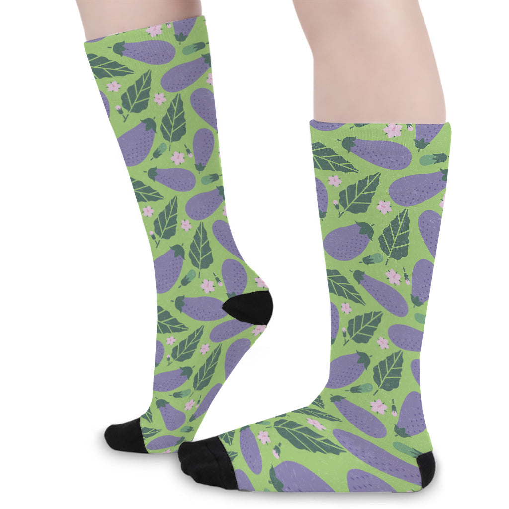 Eggplant With Leaves And Flowers Print Long Socks