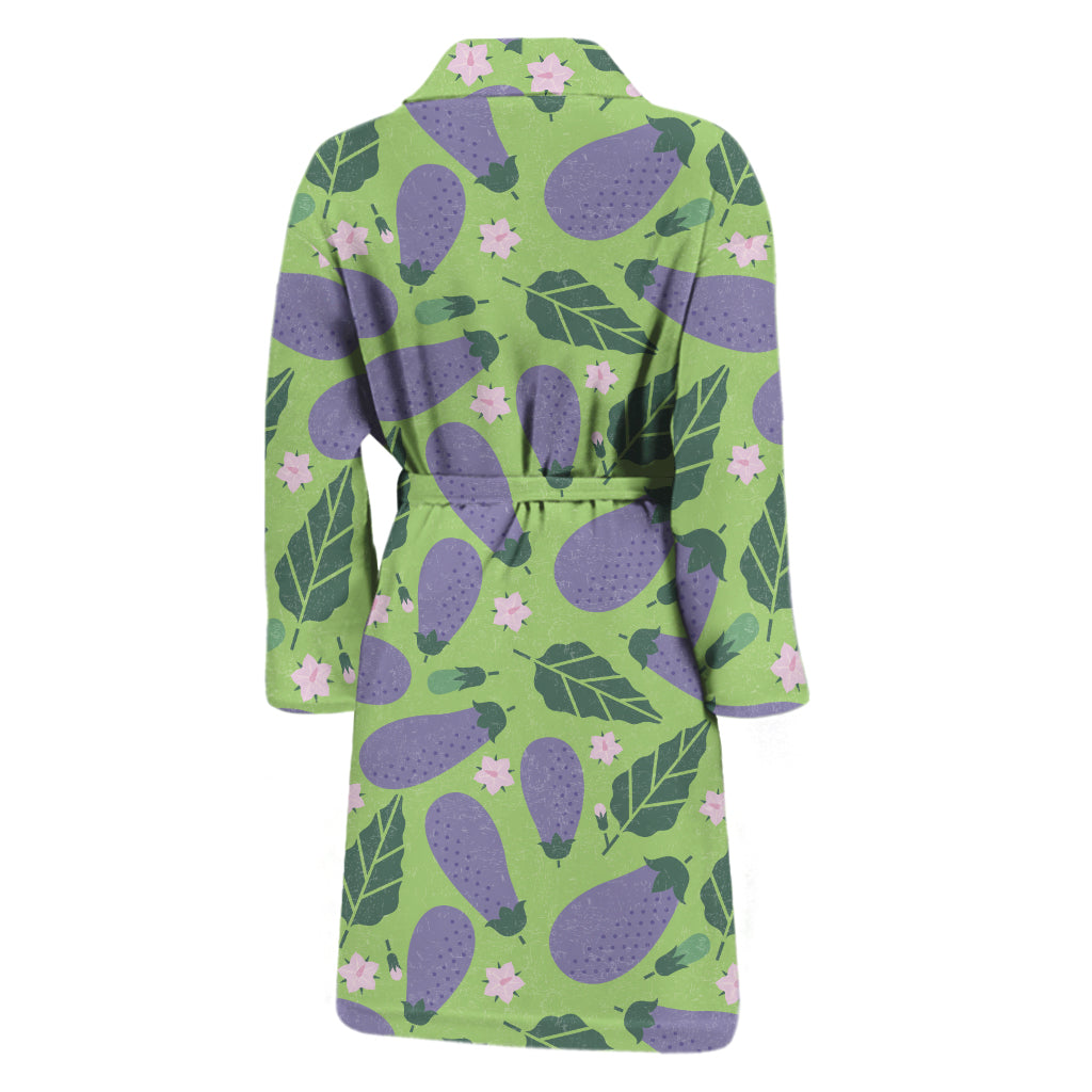 Eggplant With Leaves And Flowers Print Men's Bathrobe