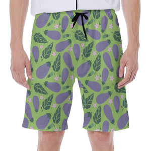 Eggplant With Leaves And Flowers Print Men's Beach Shorts