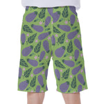 Eggplant With Leaves And Flowers Print Men's Beach Shorts