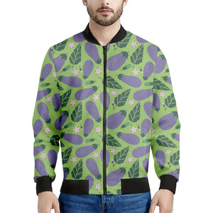 Eggplant With Leaves And Flowers Print Men's Bomber Jacket