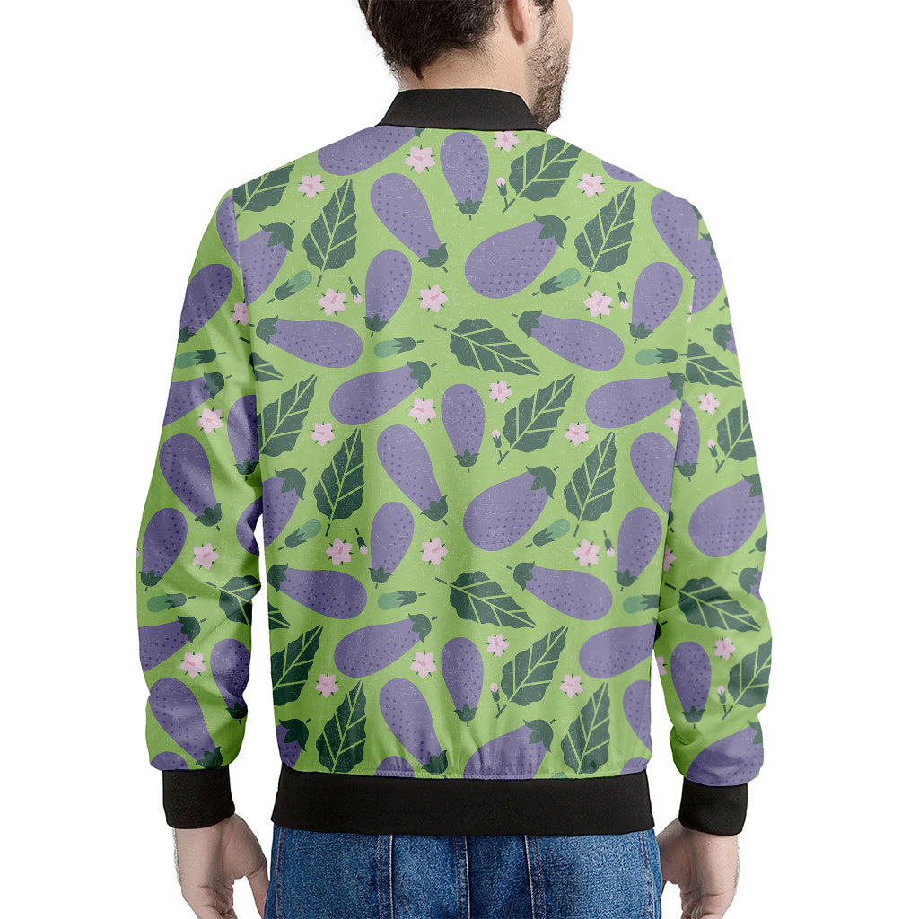 Eggplant With Leaves And Flowers Print Men's Bomber Jacket