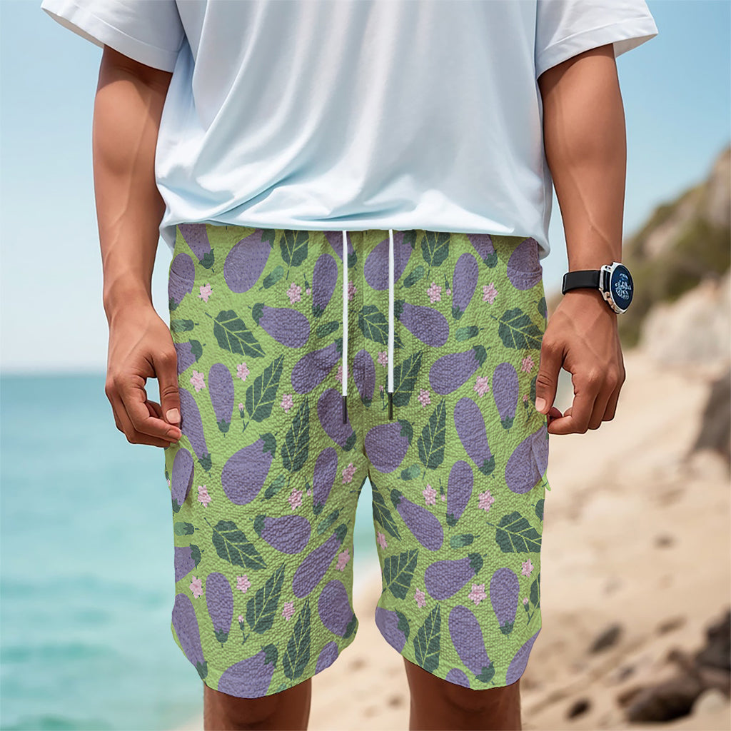 Eggplant With Leaves And Flowers Print Men's Cargo Shorts