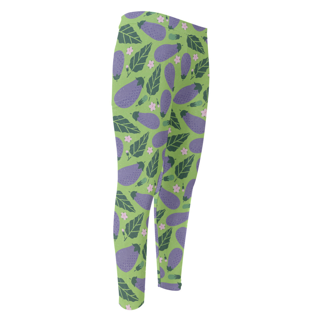 Eggplant With Leaves And Flowers Print Men's Compression Pants