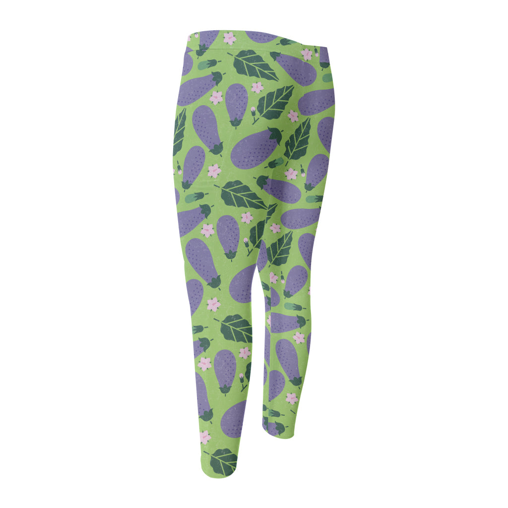 Eggplant With Leaves And Flowers Print Men's Compression Pants