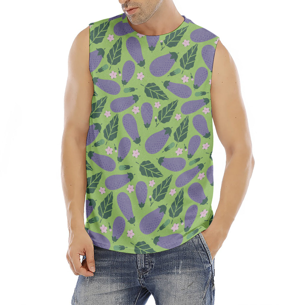 Eggplant With Leaves And Flowers Print Men's Fitness Tank Top