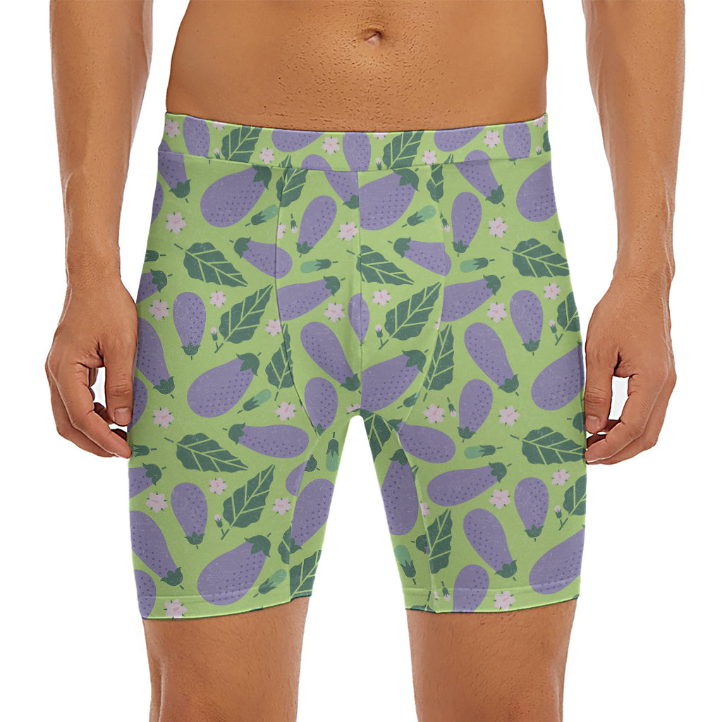 Eggplant With Leaves And Flowers Print Men's Long Boxer Briefs