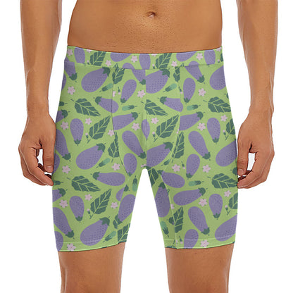 Eggplant With Leaves And Flowers Print Men's Long Boxer Briefs