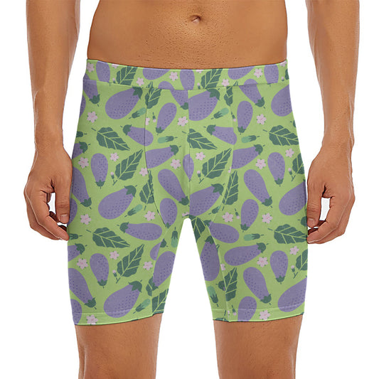 Eggplant With Leaves And Flowers Print Men's Long Boxer Briefs