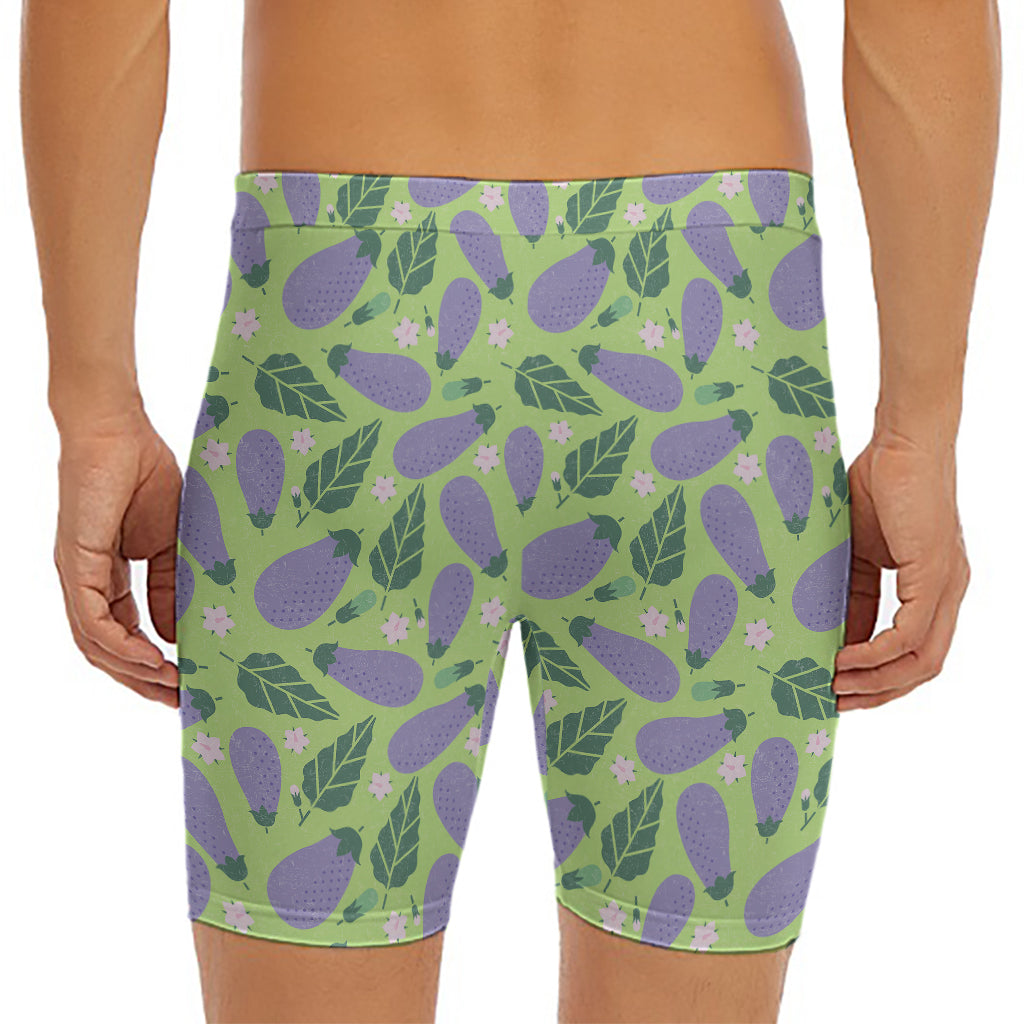Eggplant With Leaves And Flowers Print Men's Long Boxer Briefs