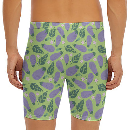 Eggplant With Leaves And Flowers Print Men's Long Boxer Briefs