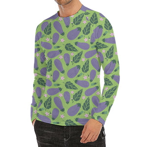 Eggplant With Leaves And Flowers Print Men's Long Sleeve Rash Guard