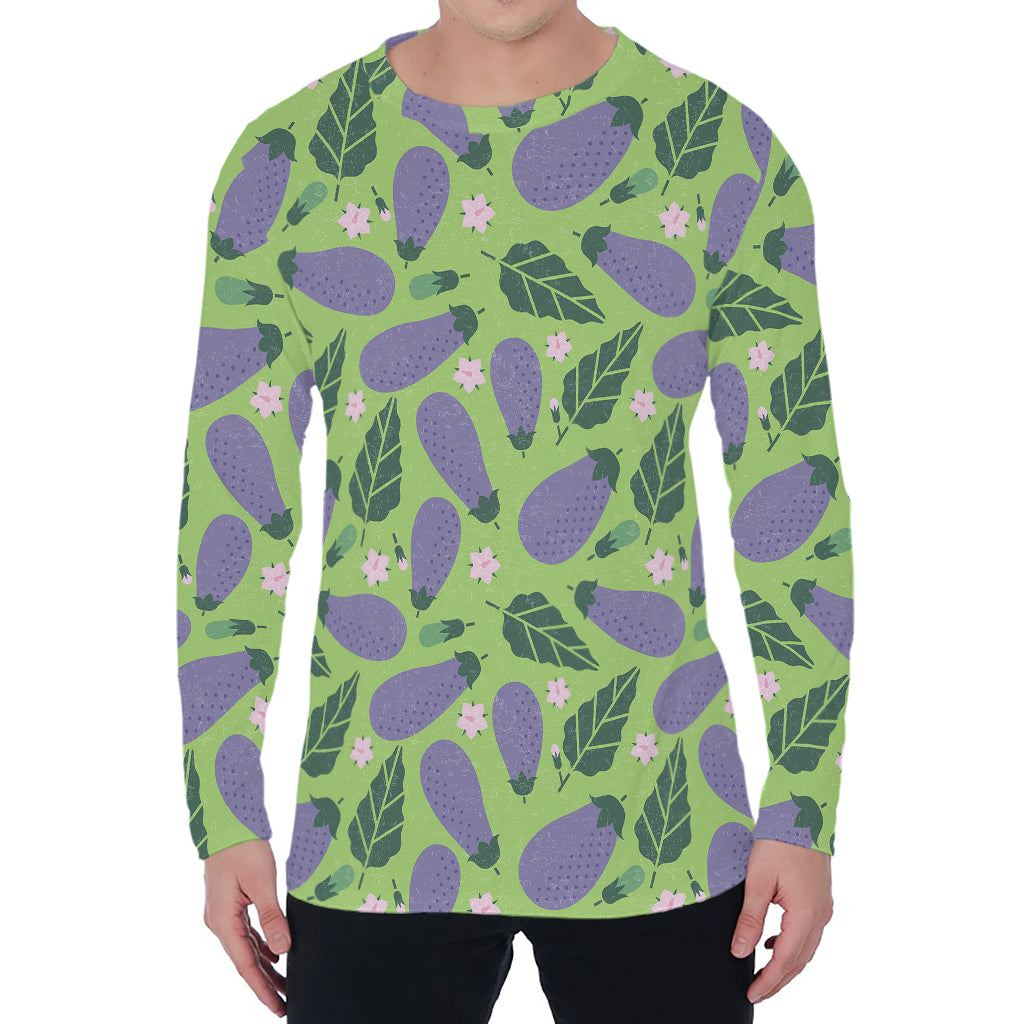 Eggplant With Leaves And Flowers Print Men's Long Sleeve T-Shirt