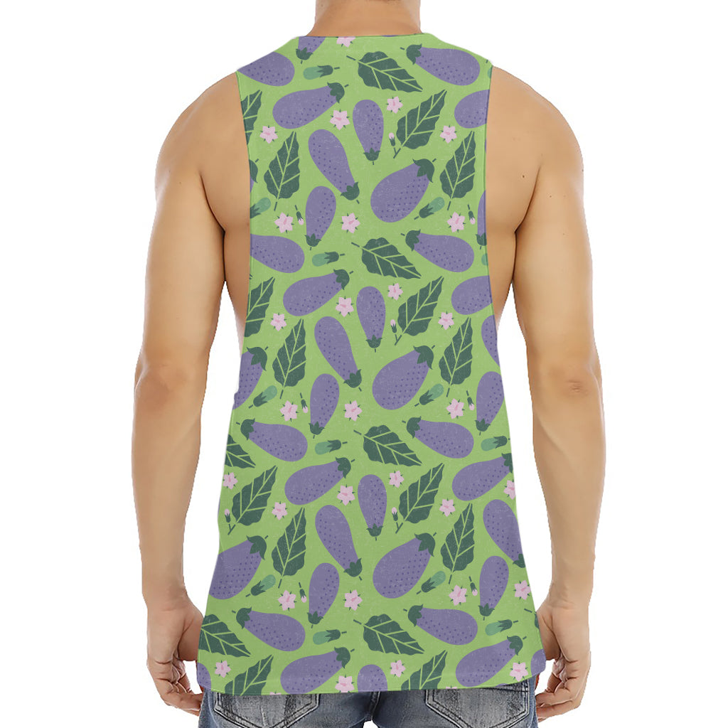 Eggplant With Leaves And Flowers Print Men's Muscle Tank Top