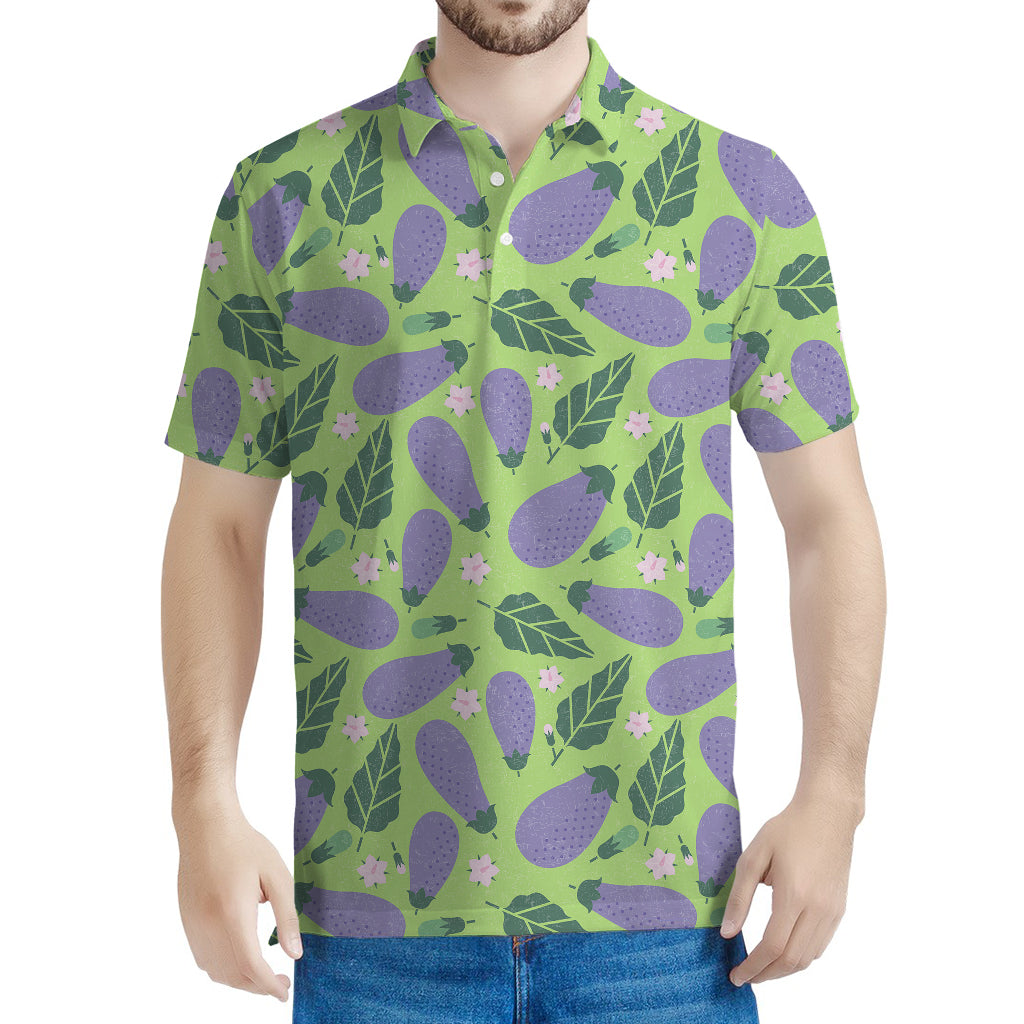 Eggplant With Leaves And Flowers Print Men's Polo Shirt