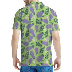 Eggplant With Leaves And Flowers Print Men's Polo Shirt