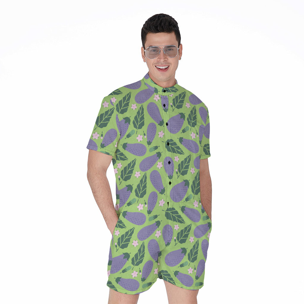 Eggplant With Leaves And Flowers Print Men's Rompers