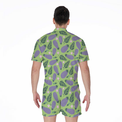 Eggplant With Leaves And Flowers Print Men's Rompers