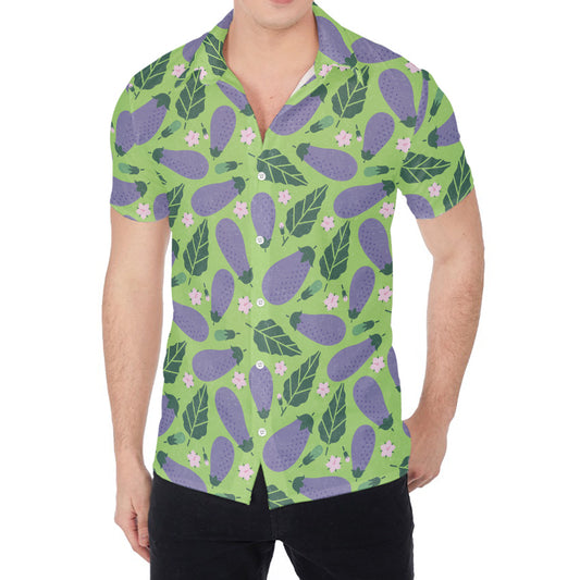 Eggplant With Leaves And Flowers Print Men's Shirt