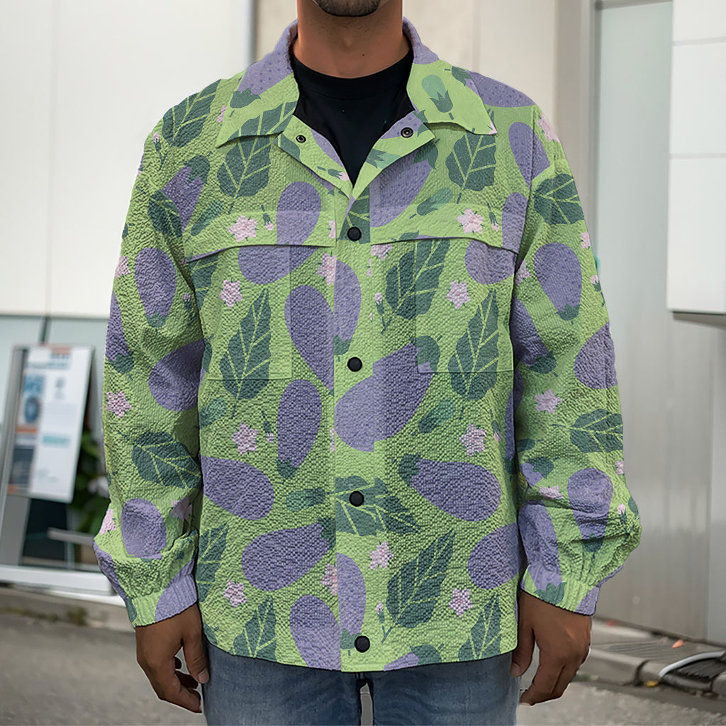 Eggplant With Leaves And Flowers Print Men's Shirt Jacket