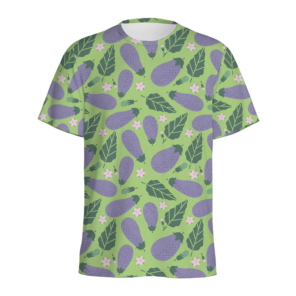 Eggplant With Leaves And Flowers Print Men's Sports T-Shirt