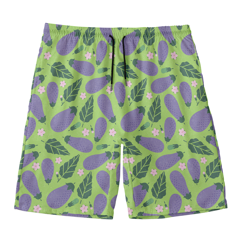 Eggplant With Leaves And Flowers Print Men's Swim Trunks