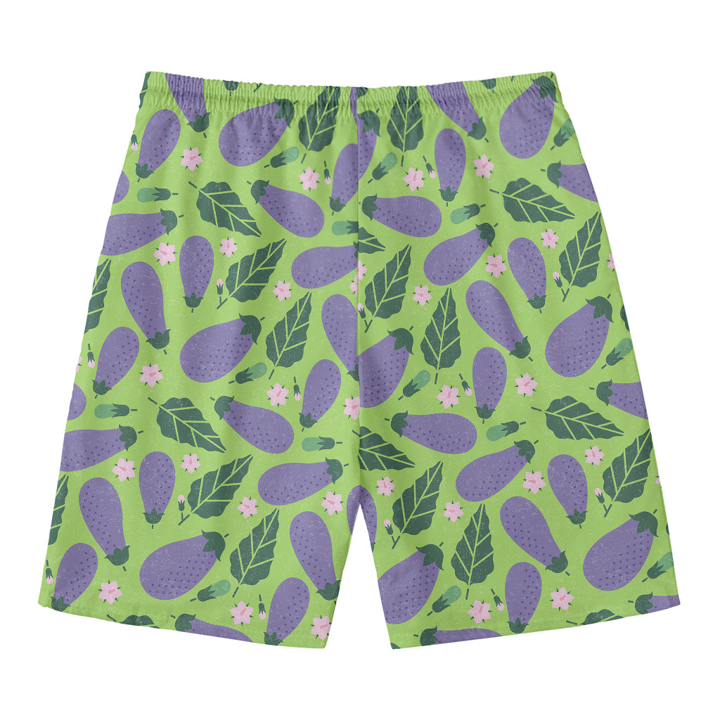 Eggplant With Leaves And Flowers Print Men's Swim Trunks