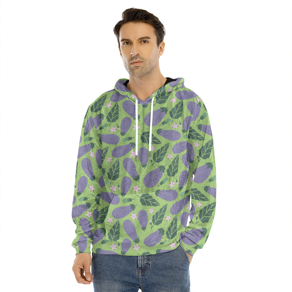 Eggplant With Leaves And Flowers Print Men's Velvet Pullover Hoodie