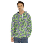 Eggplant With Leaves And Flowers Print Men's Velvet Pullover Hoodie