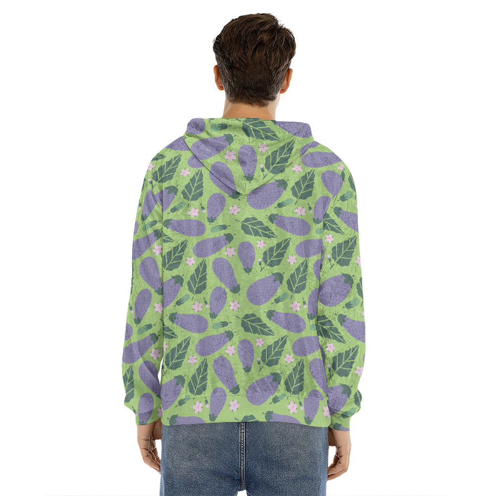 Eggplant With Leaves And Flowers Print Men's Velvet Pullover Hoodie