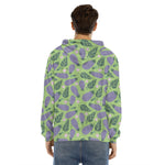 Eggplant With Leaves And Flowers Print Men's Velvet Pullover Hoodie