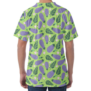 Eggplant With Leaves And Flowers Print Men's Velvet T-Shirt