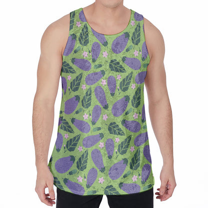 Eggplant With Leaves And Flowers Print Men's Velvet Tank Top