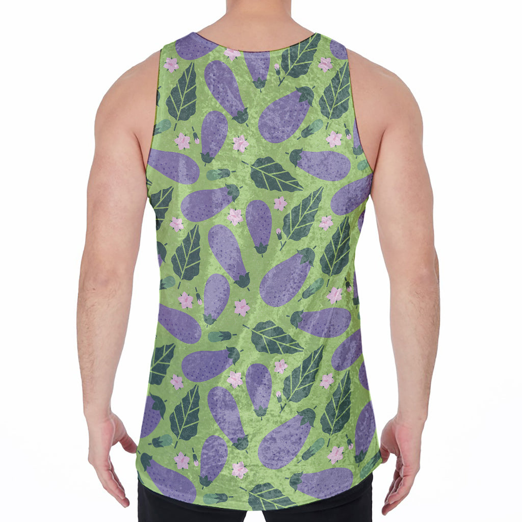 Eggplant With Leaves And Flowers Print Men's Velvet Tank Top