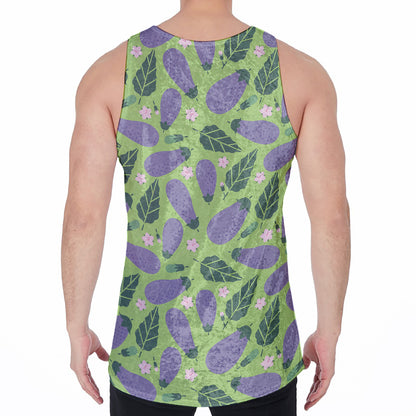 Eggplant With Leaves And Flowers Print Men's Velvet Tank Top