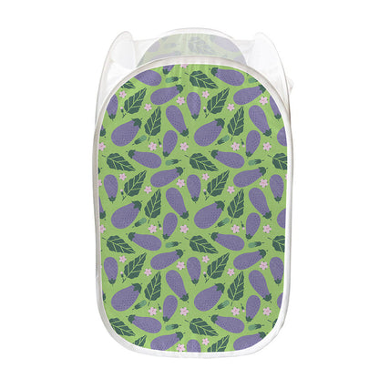 Eggplant With Leaves And Flowers Print Mesh Laundry Hamper