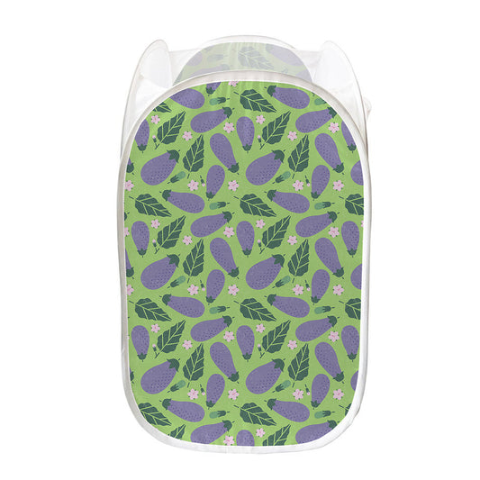 Eggplant With Leaves And Flowers Print Mesh Laundry Hamper