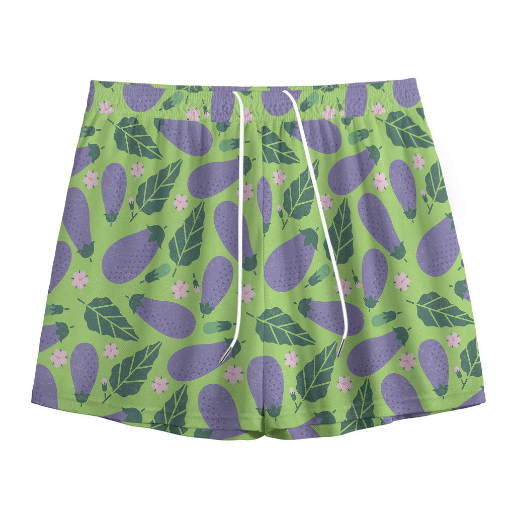 Eggplant With Leaves And Flowers Print Mesh Shorts
