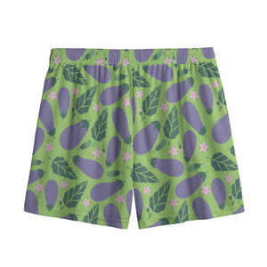 Eggplant With Leaves And Flowers Print Mesh Shorts